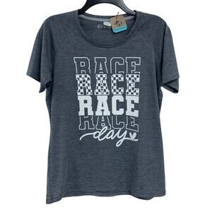 New Hand Printed Womens Medium Gray Heathered Race Day Short Sleeve Tee Shirt